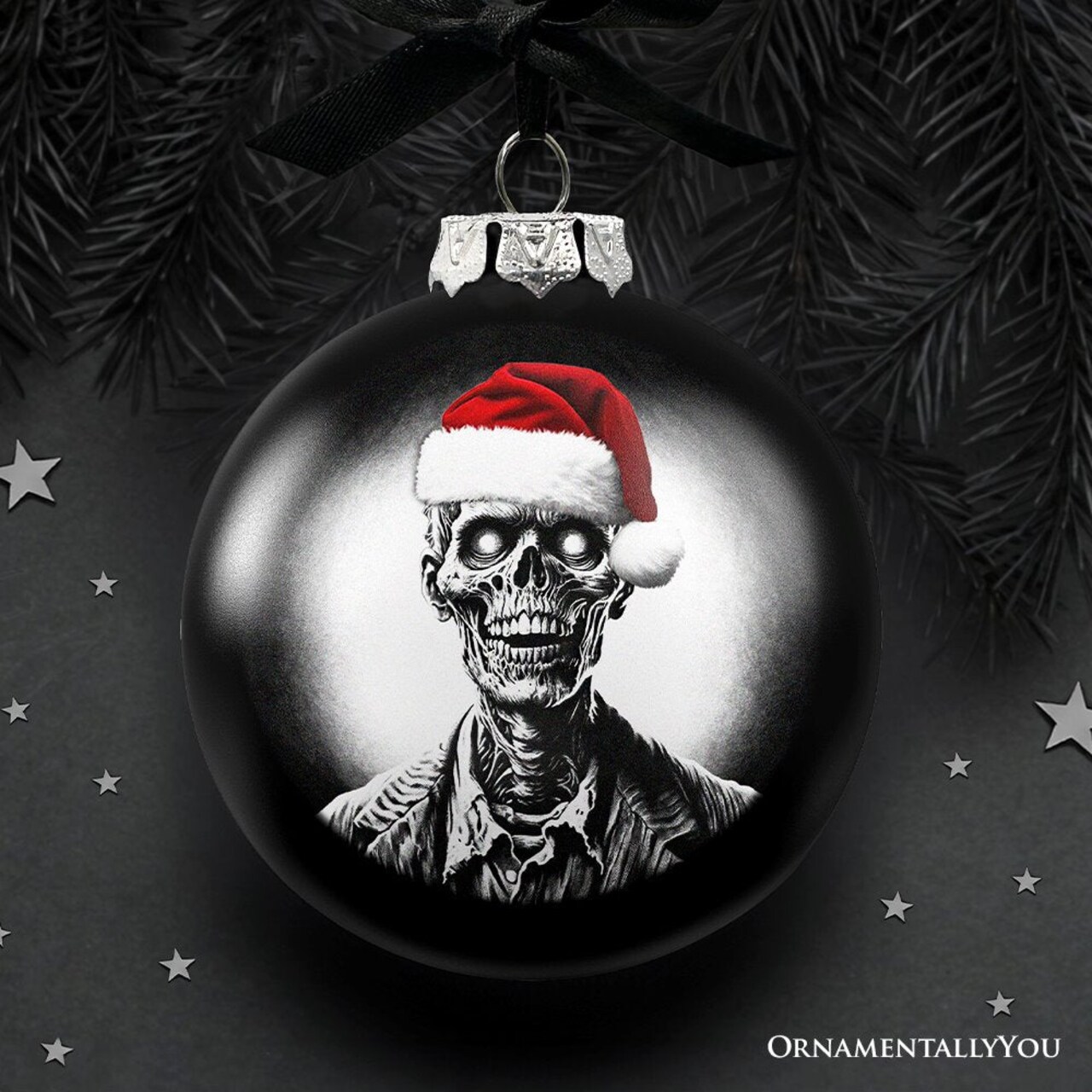 Zombie Christmas Spooky Portrait Glass Ornament, Black Horror Halloween Tree Decoration